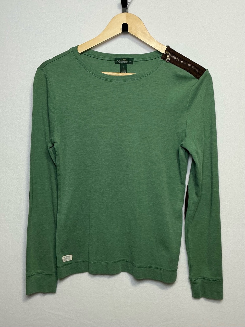 Ralph Lauren Womenโs L Green Elbow Patch Shoulder Zip Long Sleeve Top